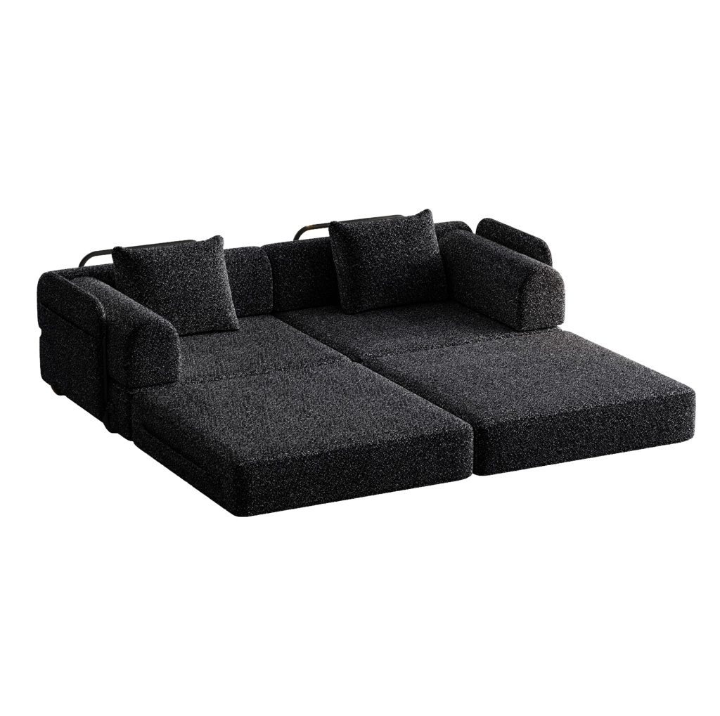 Divano letto 2 in 1 in ciniglia nero con vano bracciolo