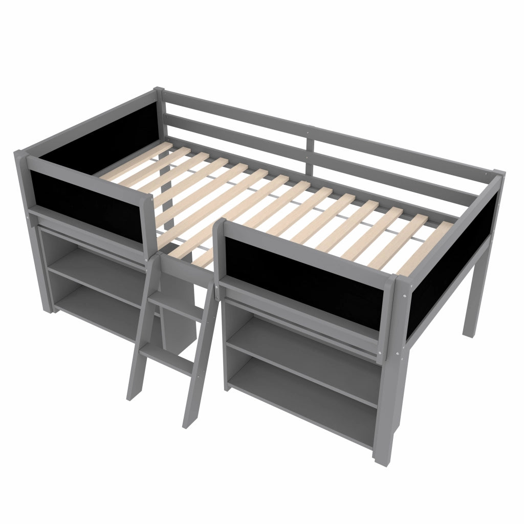 Letto semi-alto 90x200 cm con scaffali, lavagna, scala e sponde grigio