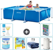 Piscina a forma rettangolare in alluminio - 220 x 150 x 60 cm - Blu - Incluso filtro - Kit di manutenzione - Ombrellone solare - Pompaggio filtro - 7 pezzi