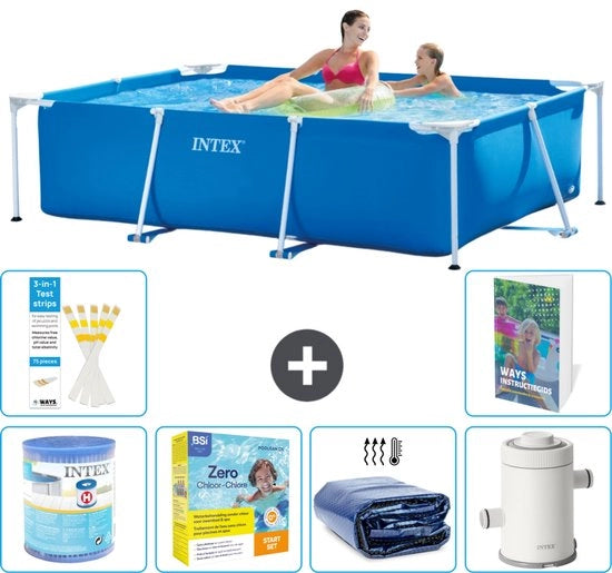 Piscina a forma rettangolare in alluminio - 220 x 150 x 60 cm - Blu - Incluso filtro - Kit di manutenzione - Ombrellone solare - Pompaggio filtro - 7 pezzi