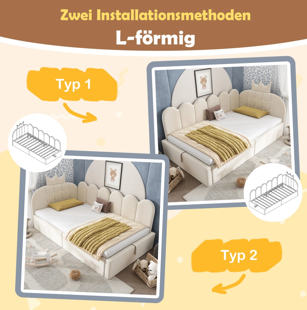 Letto singolo daybed 90x200 cm in velluto beige con contenitore