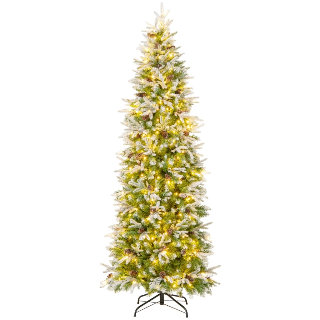 Albero di Natale foderato di neve con rami articolati e 913 punte, Albero di Natale artificiale pre-luminoso 225cm-Alberi di Natale