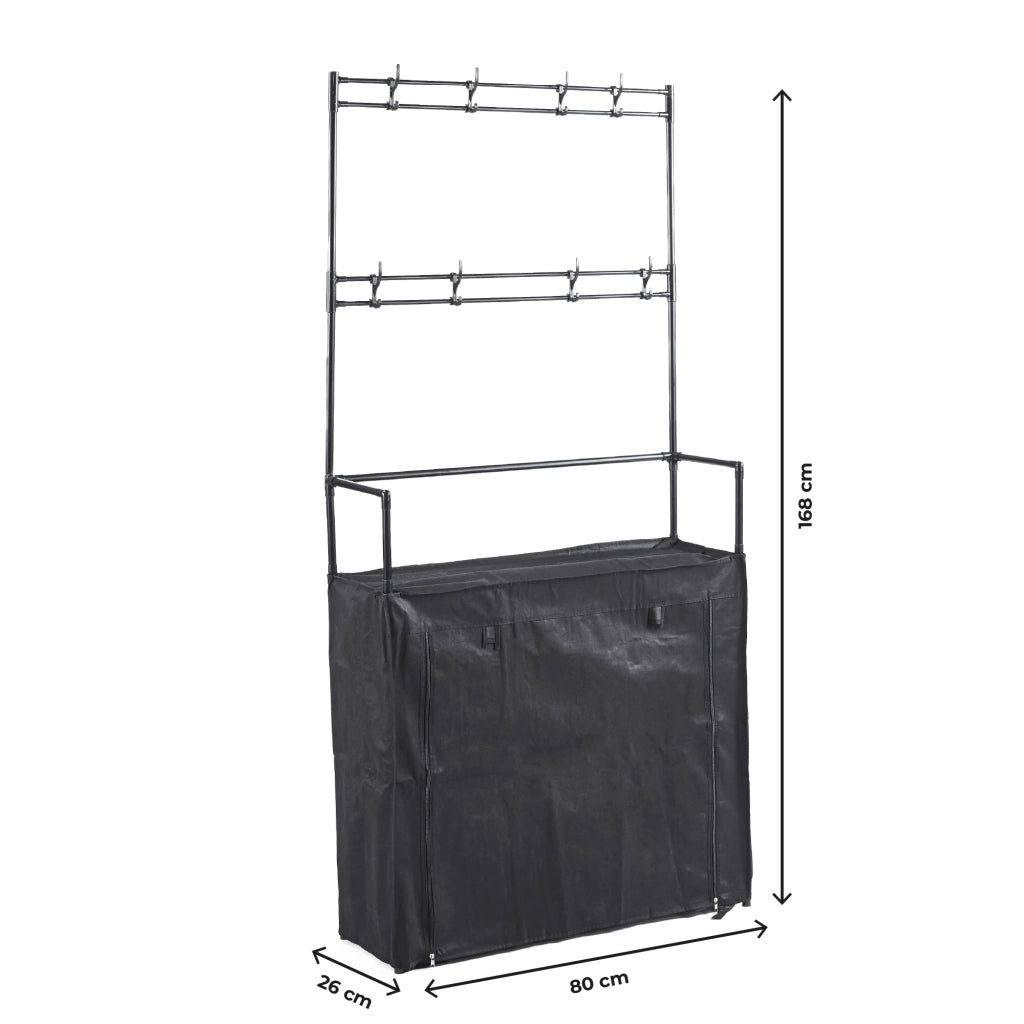 Scarpiera con Appendiabiti Salvaspazio 60/80x26x168 cm, Armadio Portascarpe in Metallo con 10 Ganci, Mobile Ingresso Rivestito in Tessuto Nero, Organizzatore per Ingresso e Camera 80x26x168-Nora