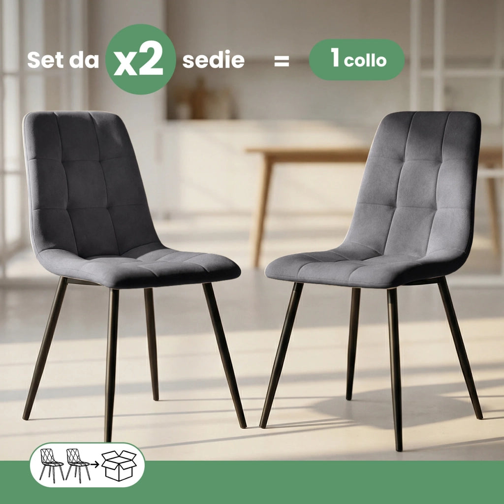 Set di 2 Sedie in velluto trapuntate NERO Grafite Scuro gambe nere