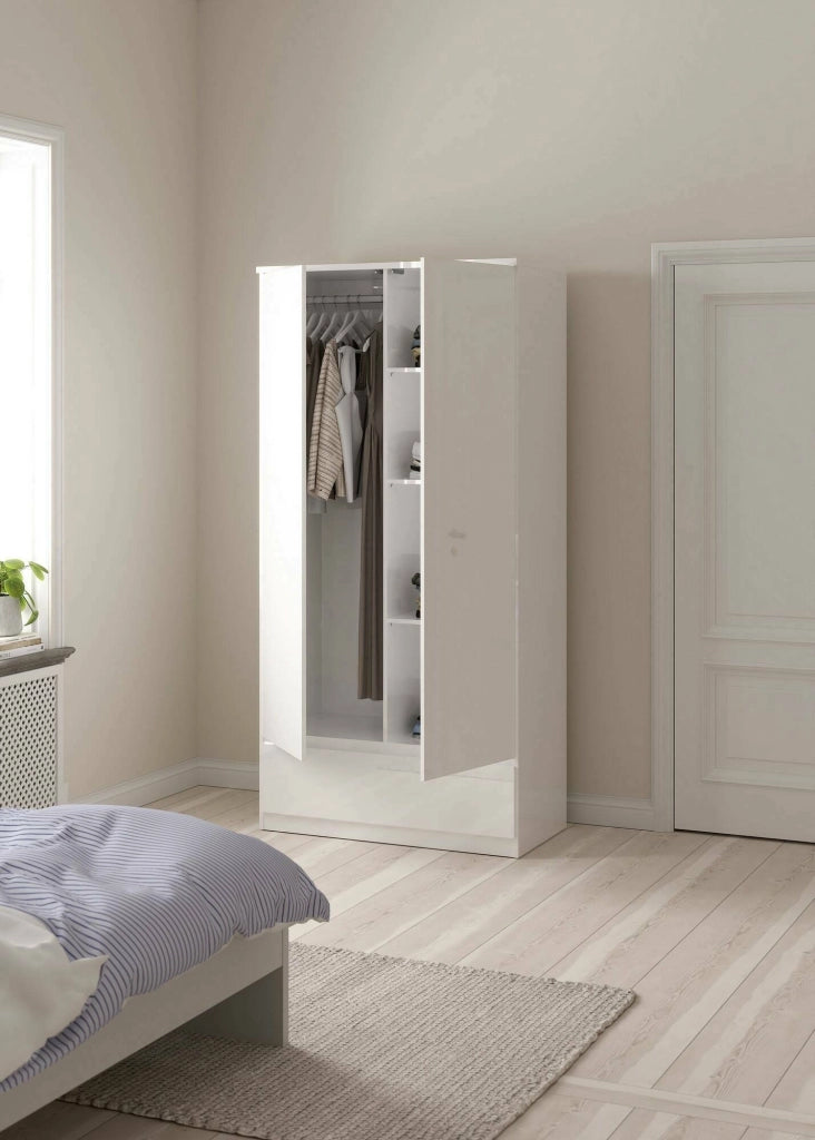 Guardaroba 2 ante Kab, Mobile camera da letto, Cabina armadio portabiti, Armadio appendiabiti, 99x50 h201 cm, Bianco lucido