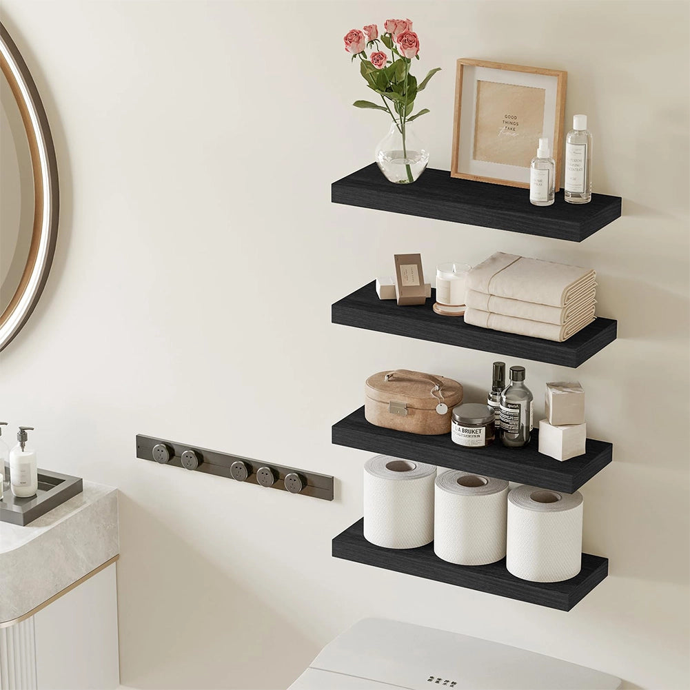 Set 4 Mensole da Parete Nero in Legno Scaffali a Muro Scaffalatura Multiuso