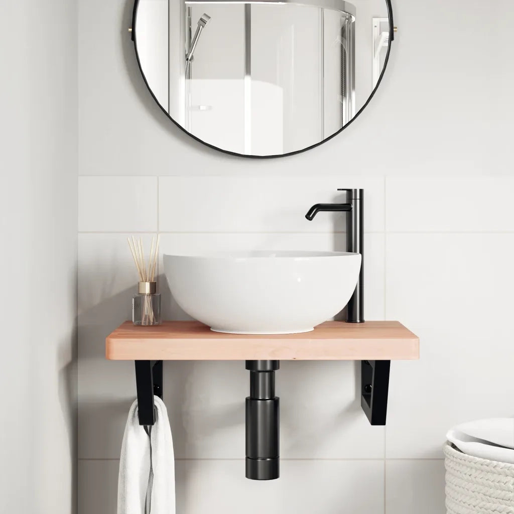Ripiano a Parete per Lavabo in Acciaio e Massello di Faggio 3302363