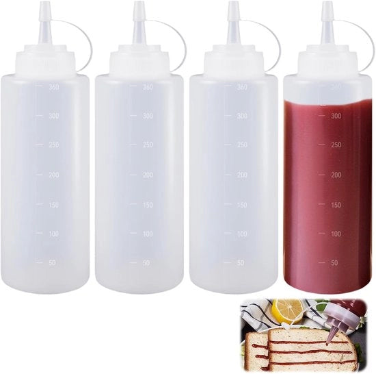 Set di bottiglie a sifone trasparenti da 4 - 360 ml - per salse, vernici, pentole - con tappi