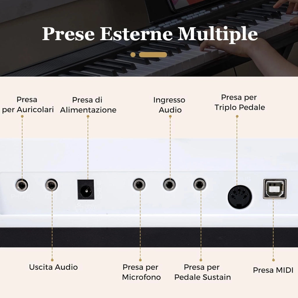 Tastiera Pianoforte Elettrico a 88 Tasti, Piano Digitale con Supporto e Sgabello Regolabili, Tastiera Sensibile, Tasti e Pulsanti Illuminati, Funzione MIDI, Pedale di Sustain, Cuffie (Bianco)