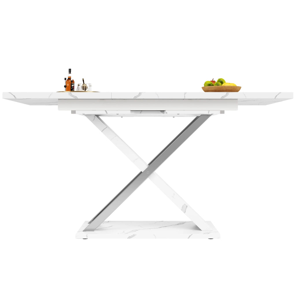 Tavolo da pranzo allungabile in MDF con motivo marmo e gambe incrociate per cucina e soggiorno per 6-8 persone