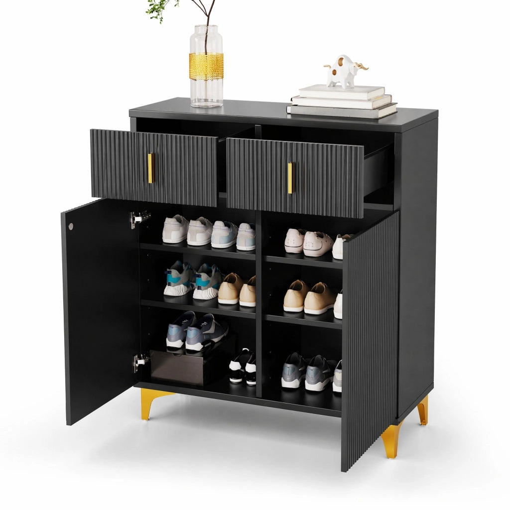 Credenza moderna a 2 ante e 2 cassetti con ripiani regolabili; nero; 83x35x101 cm in truciolare