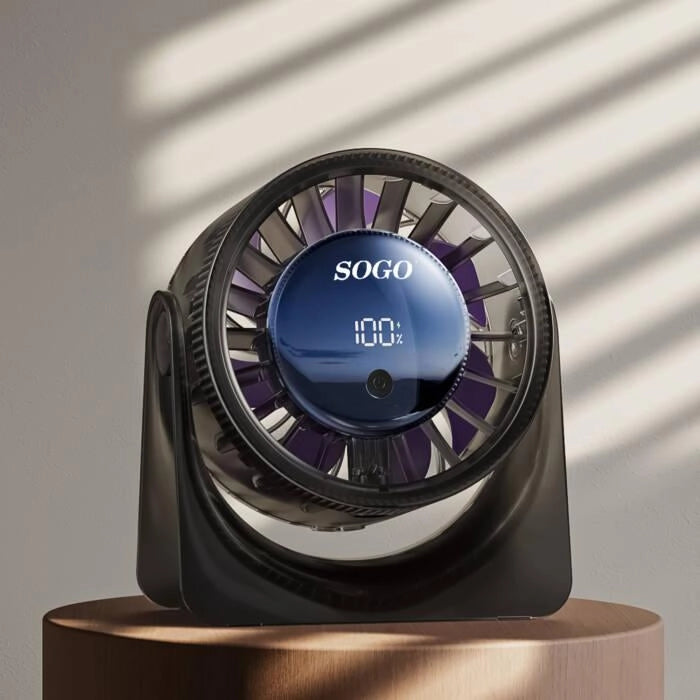 Ventilatore da tavolo ricaricabile con batteria 3000mAh, 5 velocità, display LED touch, inclinabile, autonomia 8 ore - SOGO