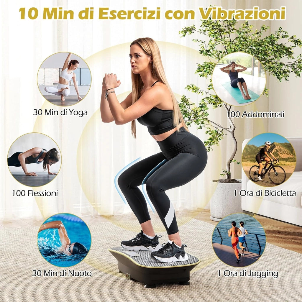 Pedana Vibrante Dimagrante, Piastra Vibrante con 10 Livelli di Vibrazione e Timer, Schermo, Telecomando, Superficie Antiscivolo e 4 Ventose, Allenamento Modellamento Muscolare