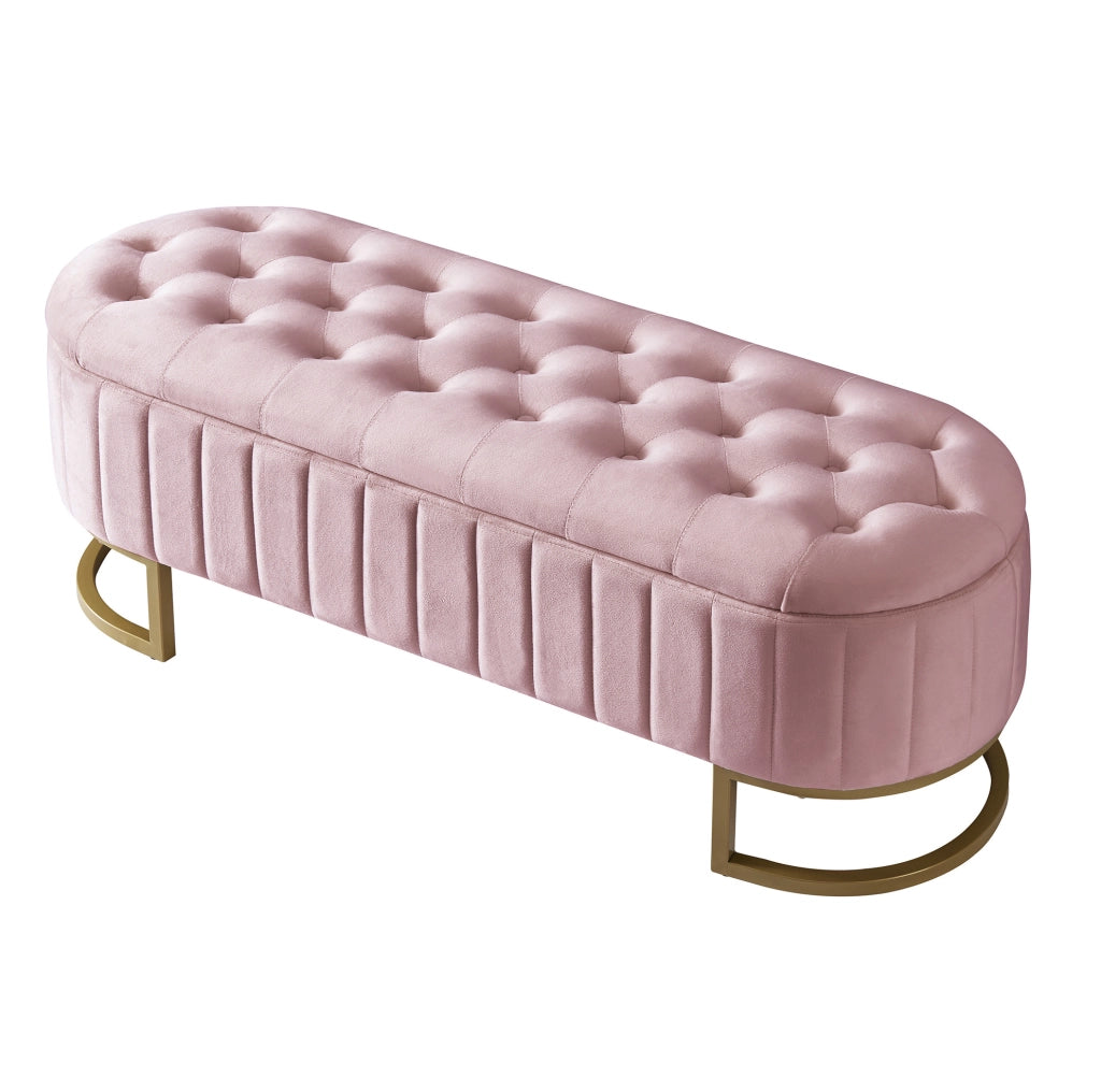 Panca contenitore multifunzionale 120 cm in velluto rosa con gambe in metallo