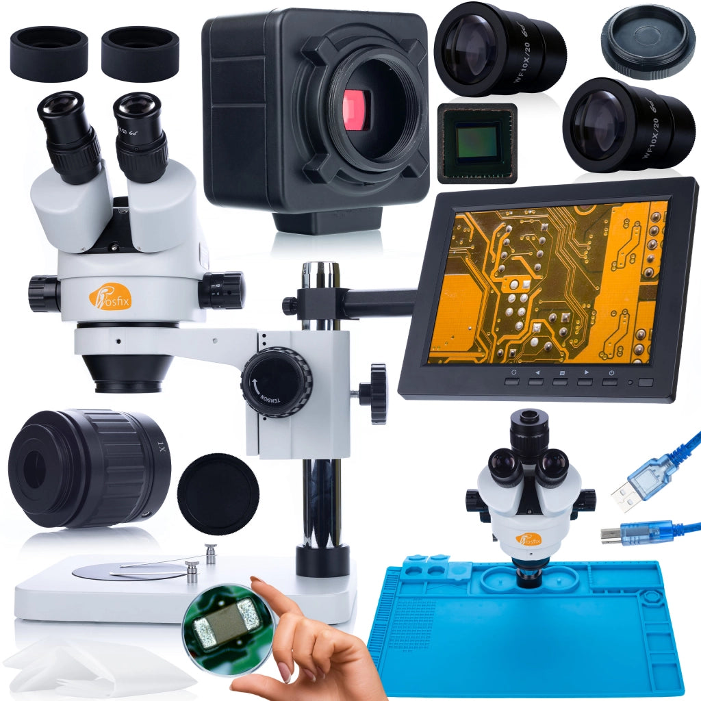Set Microscopio Trinoculare Mercury Pro con Telecamera e Display 8" – Zoom 7x-45x, Oculare WF10X/20mm, Base Antistatica