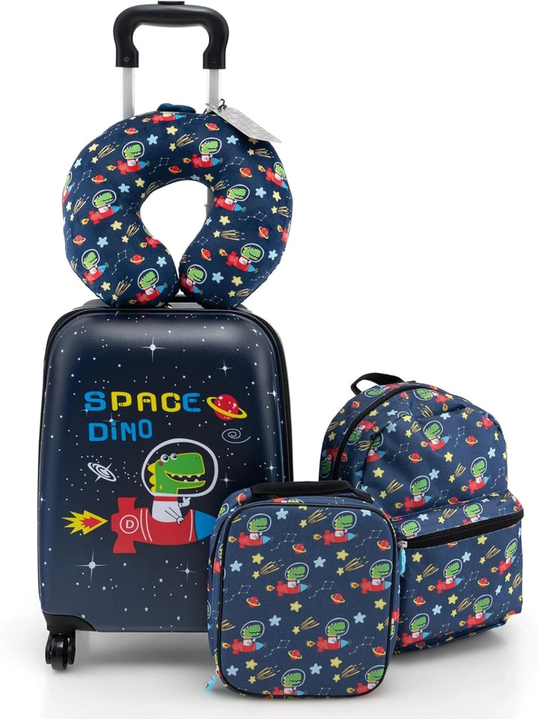 5 Pezzi Valigia per Bambini, Valigia con ManicoTelescopico da 16" con 13" Zainetto, Cuscino per Il Collo, Etichetta per Bagaglio, Borsa per Il Pranzo, con Ruote Girevoli a 360 ° (Modello 2)