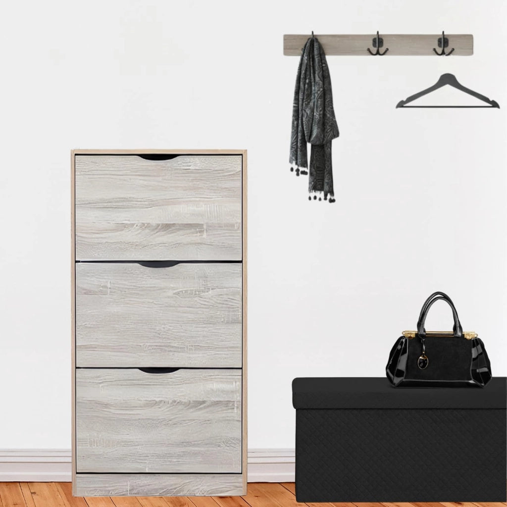 Scarpiera Salvaspazio Slim Ingresso Legno Slim 3 Ripiani Dimensioni Compatte 60 x 119 x 23,3 Ante Moderno MDF Compatta Doppia Profondità Salone Camera a Scomparsa Colore: Grigio
