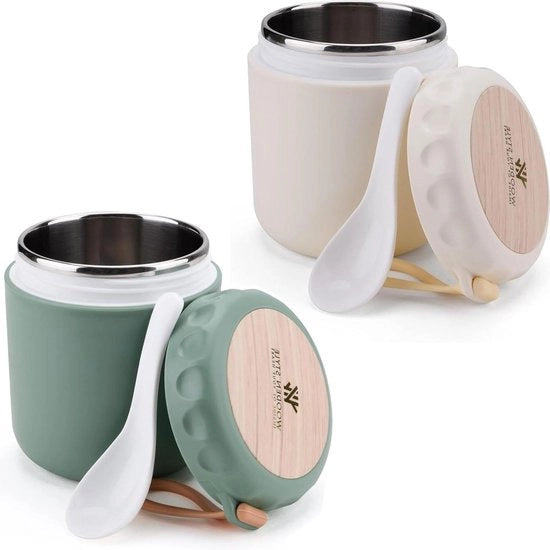 Tazza di Yogurt to-go - Tazza per Muesli - Inox - Senza Fessure - Tazza di Carta - 400ml - Muesli - Da Viaggio - Scuola - Pic-Nic - Viaggi - Verde - Beige tazza di yogurt to-go