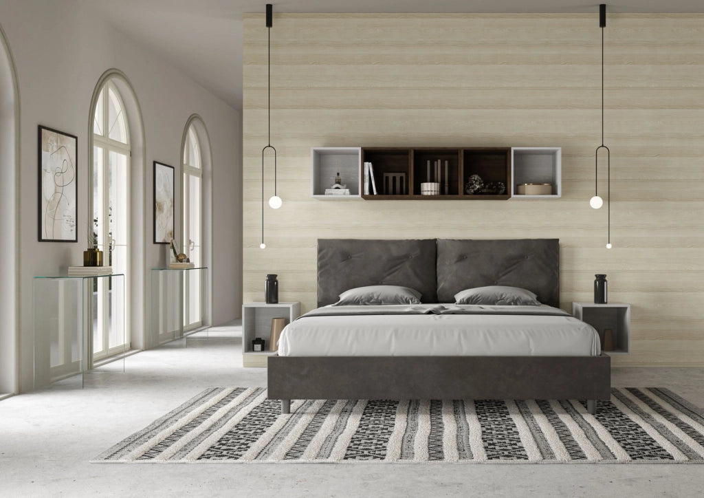 BS COM Letto matrimoniale king size contenitore imbottito 200x200 microfibra grigio