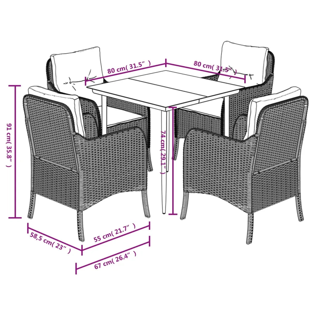 Set da Pranzo da Giardino 5pz con Cuscini in Polyrattan Marrone
