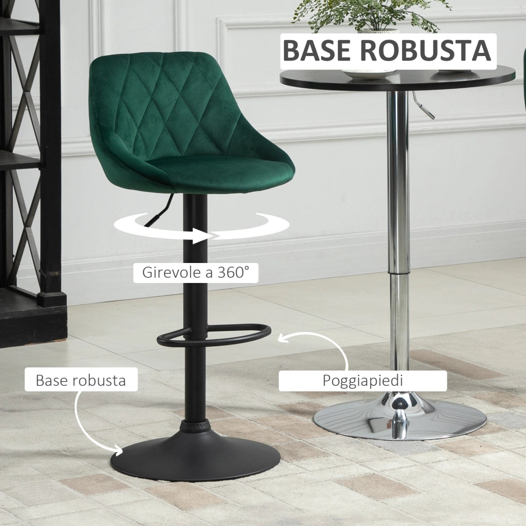 Sgabelli Alti con Schienale e Poggiapiedi ¨C Zephmum ¨C Verde Velluto Metallo 46x48x83-104 cm