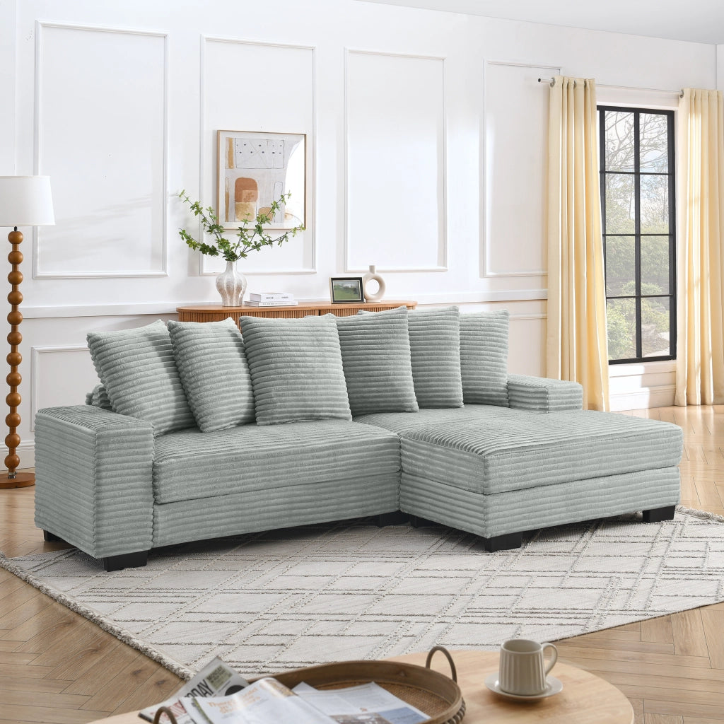 Divano angolare reversibile 4 posti con chaise longue e 6 cuscini in velluto a coste grigio 256,5 × 133,5 × 89 cm