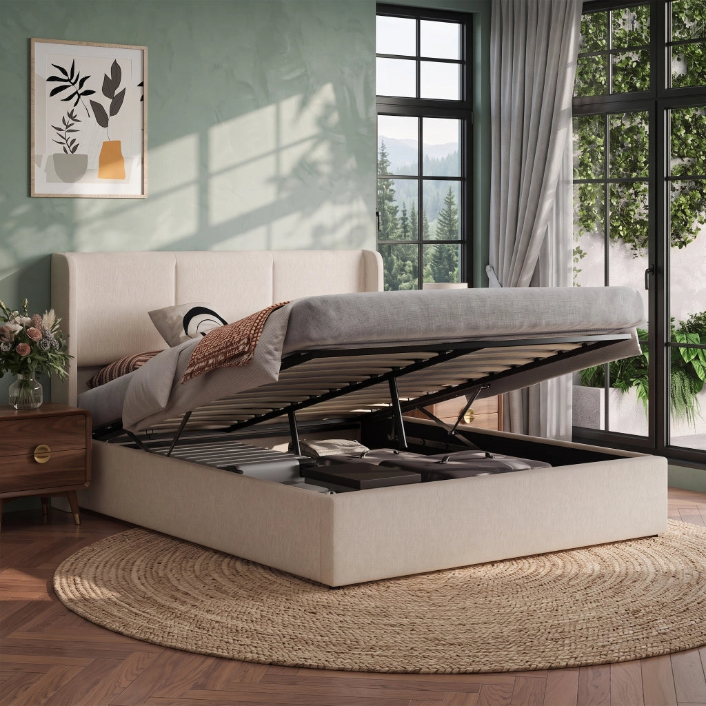 Letto matrimoniale contenitore 160x200 cm con testiera imbottita struttura letto rete a doghe vano idraulico in lino-beige