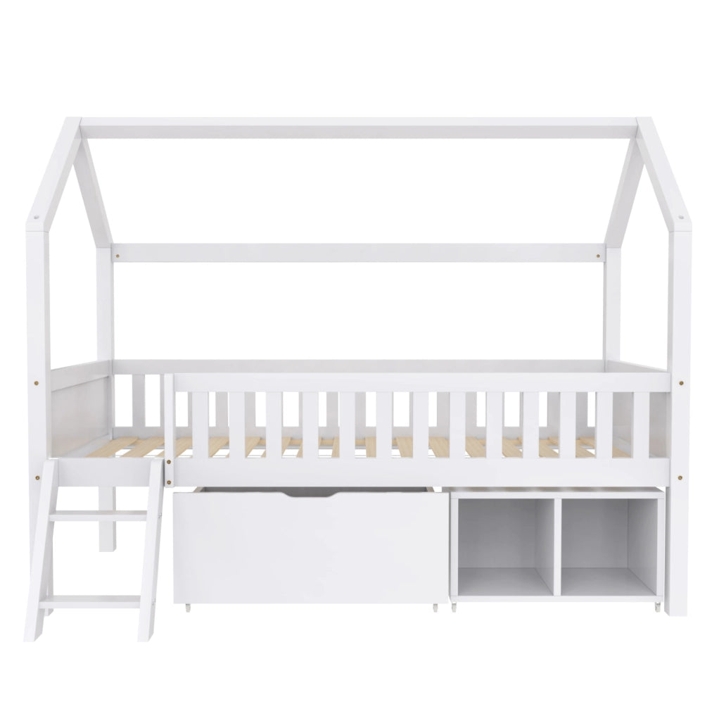 Letto a casetta per bambini 90x200 cm in legno di pino con scala; cassetti e sponde; bianco