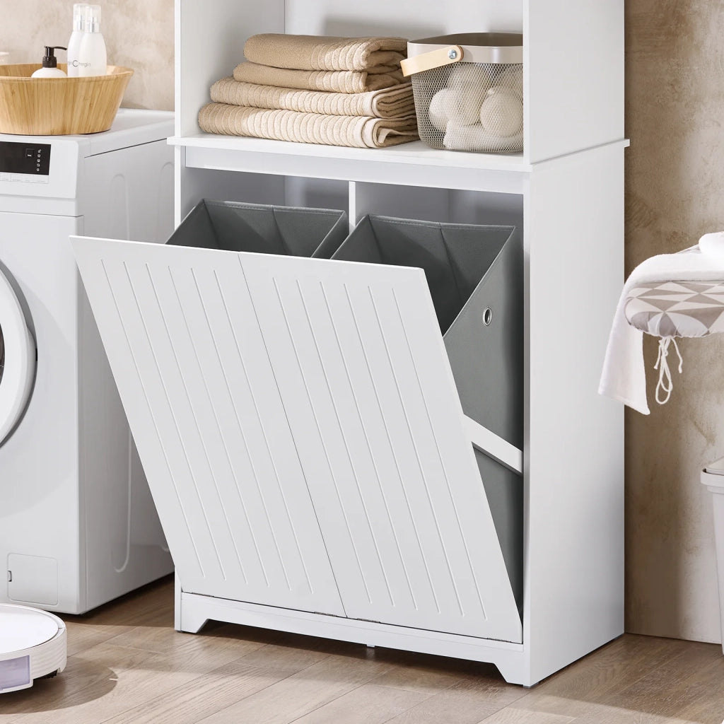 Mobile alto con 2 cesti portabiancheria da bagno, Armadio da terra, Bianco 70x37x170cm BZR150-W