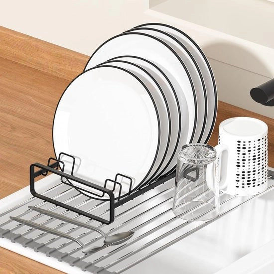 Organizzatore a 8 ripiani per pannelli metallo, cassetti verticali, rack per asciugatura, organizzatore per pannelli, rack per cucina e armadietto nero