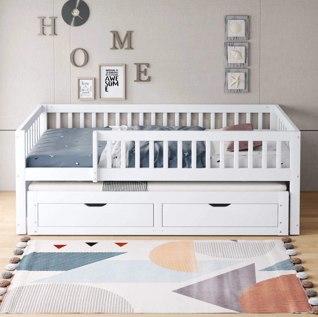 Divano letto 90x200 cm; letto estraibile e 2 cassetti; legno; bianco