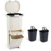 Pattumiera 38L/42L, cestino per il riciclaggio in PP con 3 scomparti, pedale, coperchio con pulsante e ruote, contenitore per cucina, bagno, ufficio (crema, 3 secchi+1 cassetto)