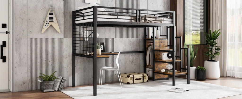 Letto a castello funzionale in ferro e MDF nero e noce scuro 90x200 cm
