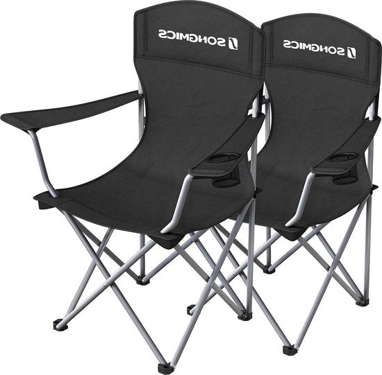Set a 2 posti con schienale alto, braccioli, supporto per bicchieri, nero, pieghevole, per campeggio, giardino, terrazza