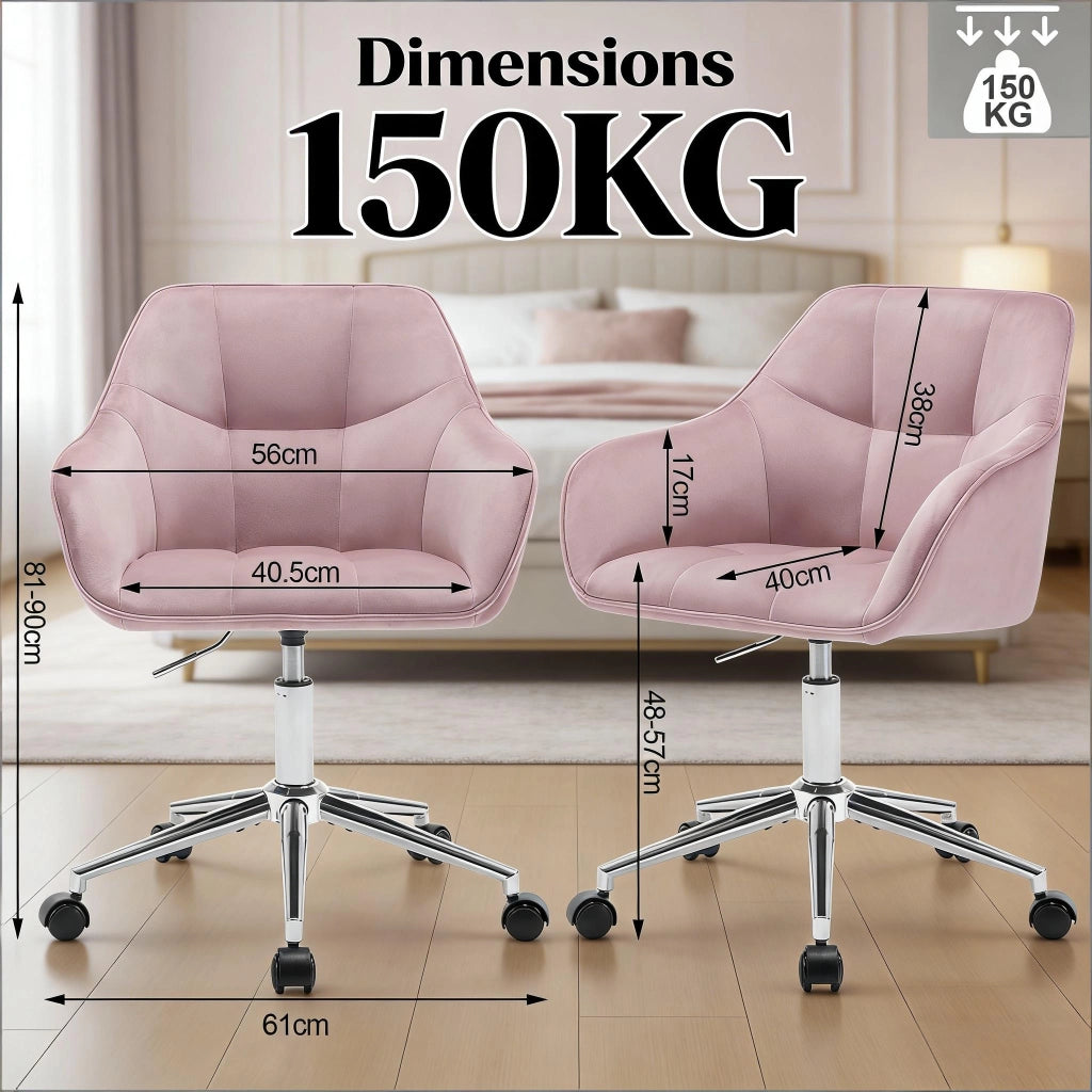 Sedia da ufficio ergonomica in velluto rosa girevole 360° con ruote e altezza regolabile