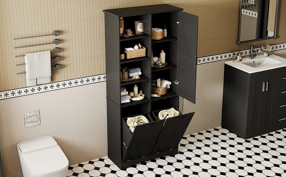 Armadietto da bagno con 1 anta 2 cesti portabiancheria e ripiani regolabili in MDF nero 78 × 35 × 172,7 cm