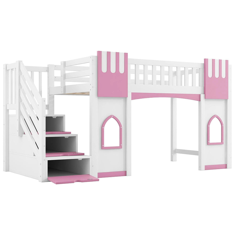 Letto mezzanino 90x200cm?- Xylo - scala finestra bianco/rosa