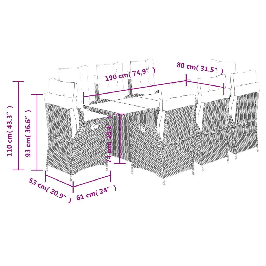 Set da Pranzo da Giardino 9 pz con Cuscini Nero in Polyrattan 3213113