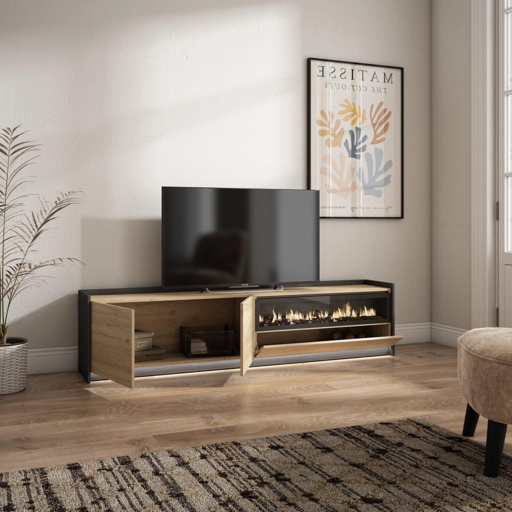 Mobile TV Soggiorno, 207x50x37 cm, Per TV fino a 80", Camino elettrico, LED, Rovere e nero