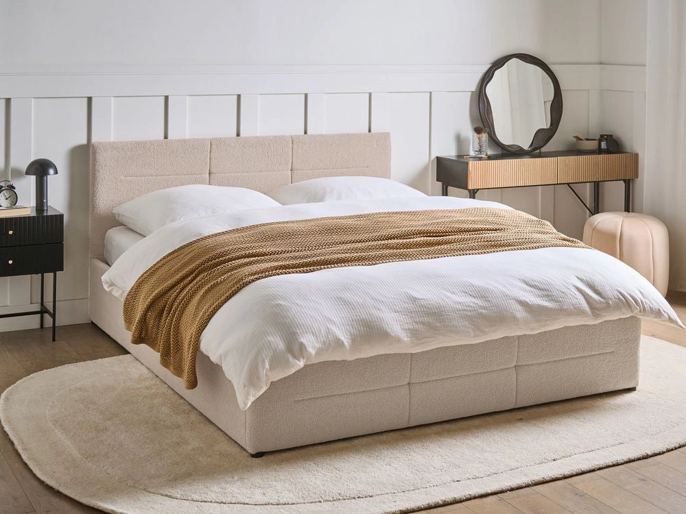 Letto ottomano beige bouclé 160x200 cm con testiera sollevabile e base a doghe Design moderno
