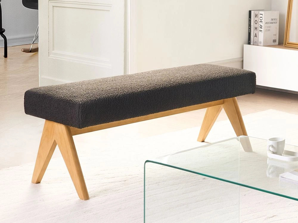 Panca Boucle nero e marrone chiaro con gambe in legno imbottite Panca per corridoio e panca da letto