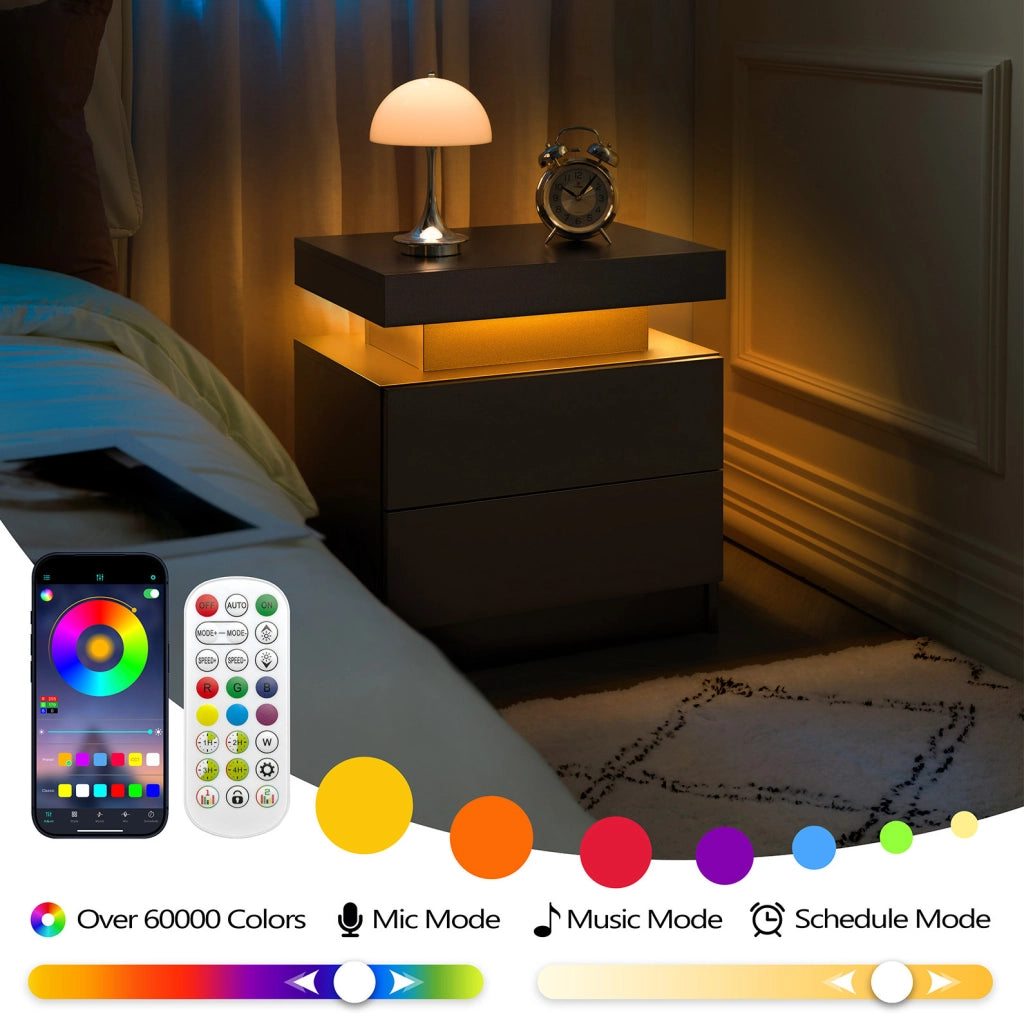 Comodino Moderno con Luci LED Regolabili, 2 Cassetti, Nero
