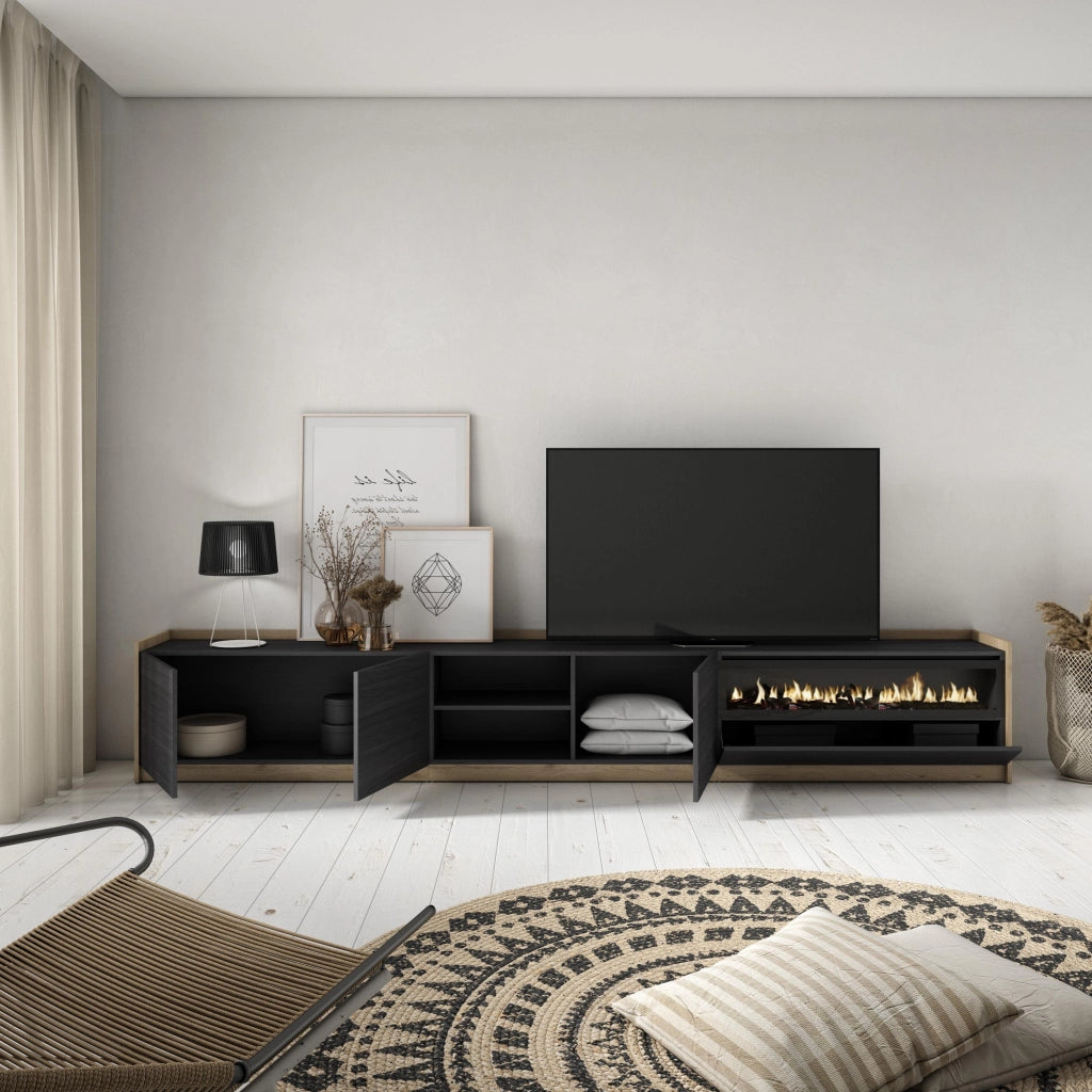 Mobile TV Soggiorno, 310x50x37 cm, Per TV fino a 80", Camino elettrico, Nero e rovere