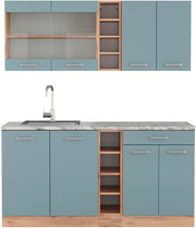 Cucina completa R-Line, Rovere blu-grigio/oro, 160 cm, PL Marmo, adatto per combinazioni ed espansioni personalizzate