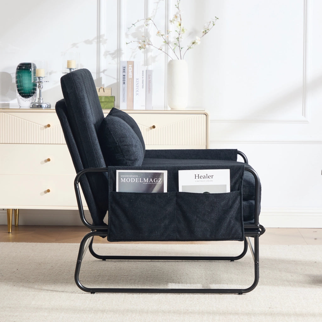 Divano letto 2 posti 104x85x92 cm nero in ciniglia, metallo e tasche laterali