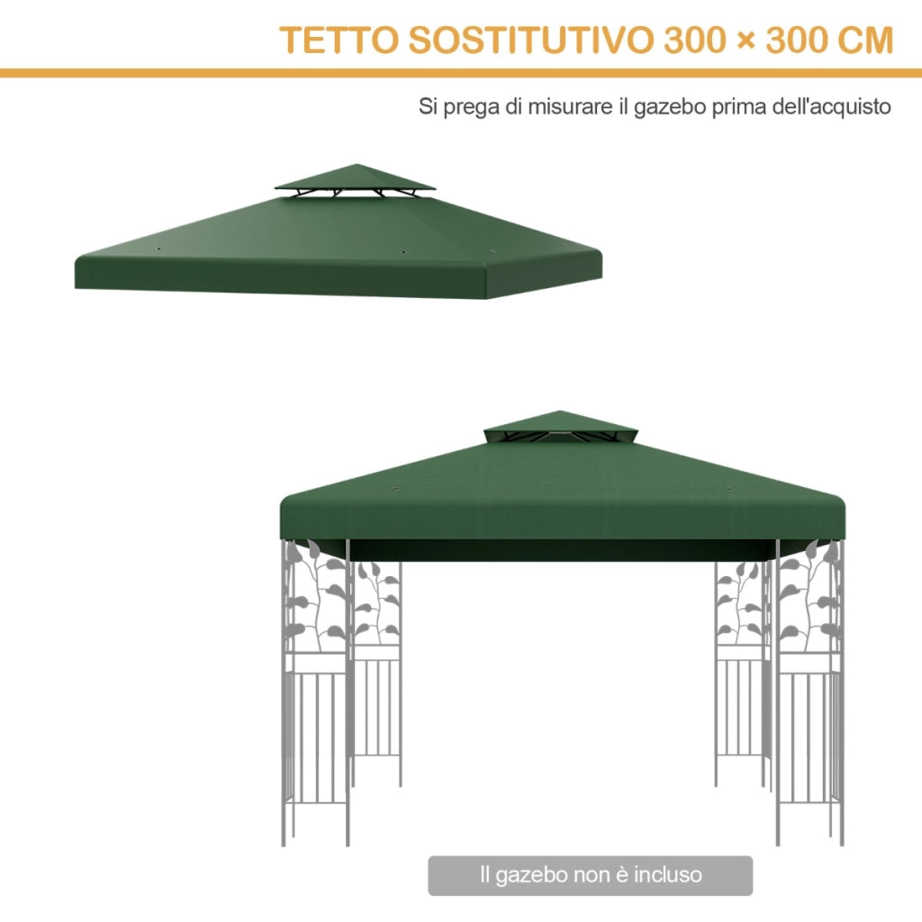 Copertura di ricambio per gazebo a 2 livelli da 300x300cm, Tettoia con fibbie in alluminio e chiusure a strappo Verde scuro-Gazebo