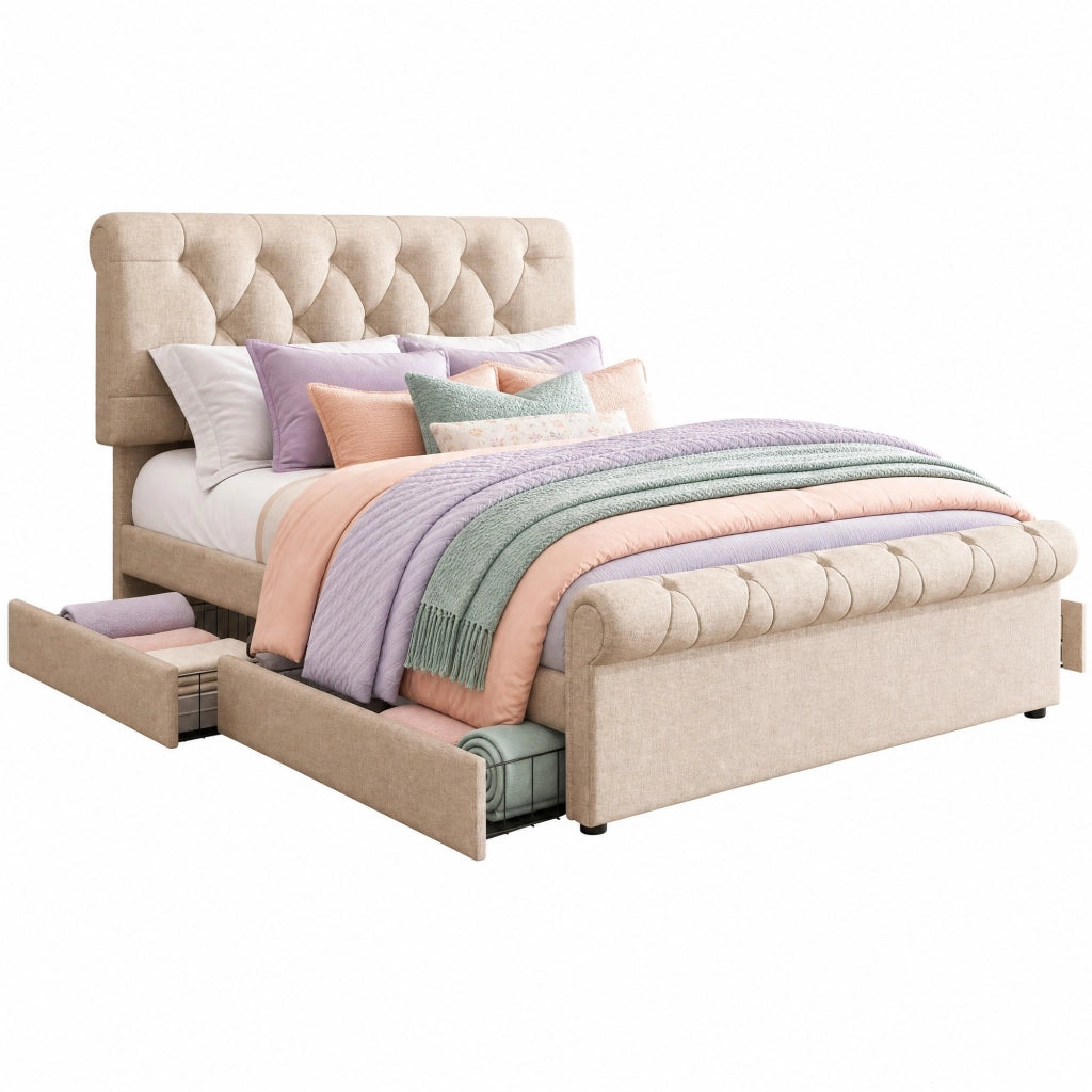 Letto imbottito 140x200 cm con 4 cassetti, testiera regolabile, stile Chesterfield, color naturale, con materasso