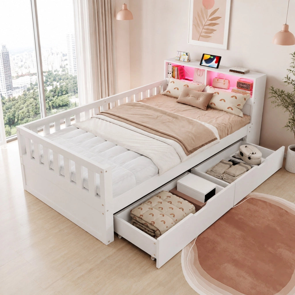Letto singolo multifunzione 90x200 cm con divano L; LED; prese e contenitore; bianco