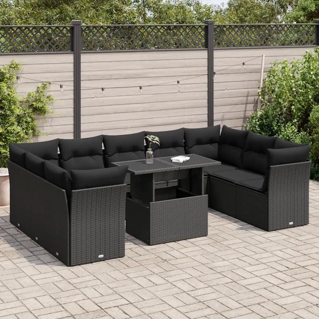 Set Divani da Giardino 10pz con Cuscini in Polyrattan Nero 3326216