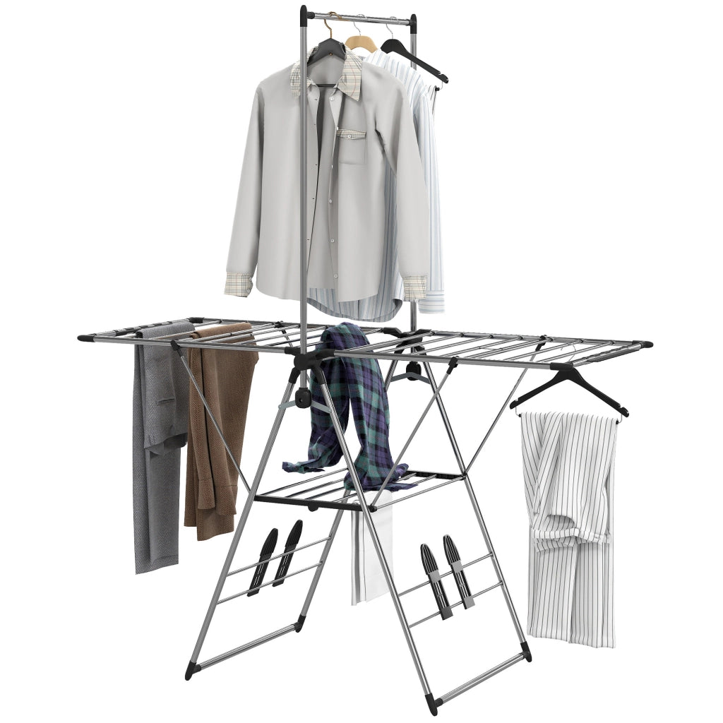 Stendibiancheria pieghevole con ali regolabili e supporti per scarpe ¨C Minimal ¨C Acciaio inossidabile, 156.5x68x192 cm, Argento